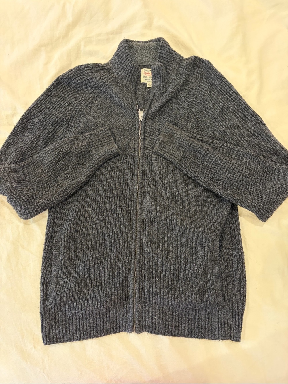 Vintage Lucky Brand Men's Full-Zip Heather Gray Ribbed Sweater